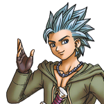 A picture of Erik, from Dragon Quest 11. He is a young man with spiky light blue hair, light blue eyes, and is wearing small earrings and a necklace