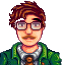 A picture of Harvey, from Stardew Valley. He has short brown hair, squarish-framed glasses, and a mustache.