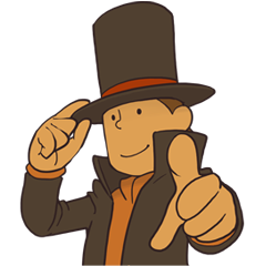 A picture of Professor Layton, from the Professor Layton Series. He is wearing an orange shirt and a dark brown coat, and a dark brown hat with a red stripe.